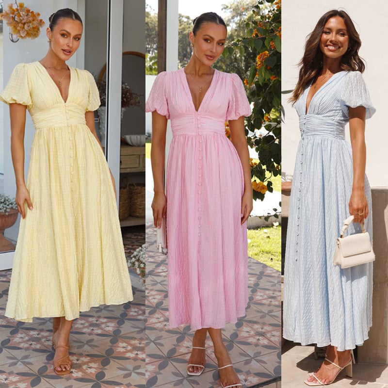 💥Special sale - Rustic V Neck Button Zip Pleated Slit Puff Sleeve Maxi Dress