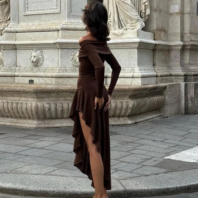 🔥Limited time offer, last day 52% off🔥Temperament Off Shoulder Long Sleeve Irregular Hem Stretch Maxi Dress