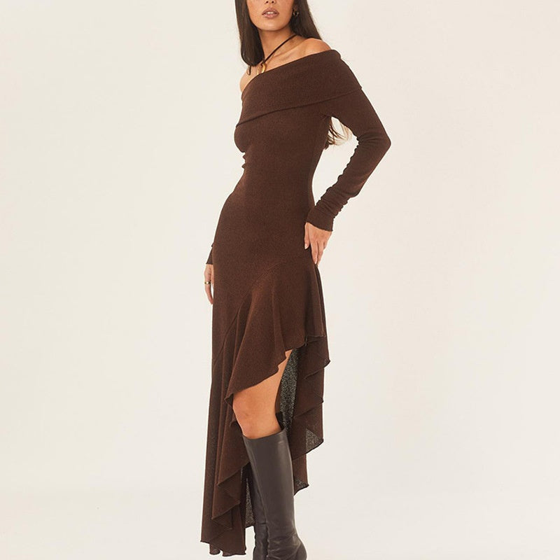 🔥Limited time offer, last day 52% off🔥Temperament Off Shoulder Long Sleeve Irregular Hem Stretch Maxi Dress