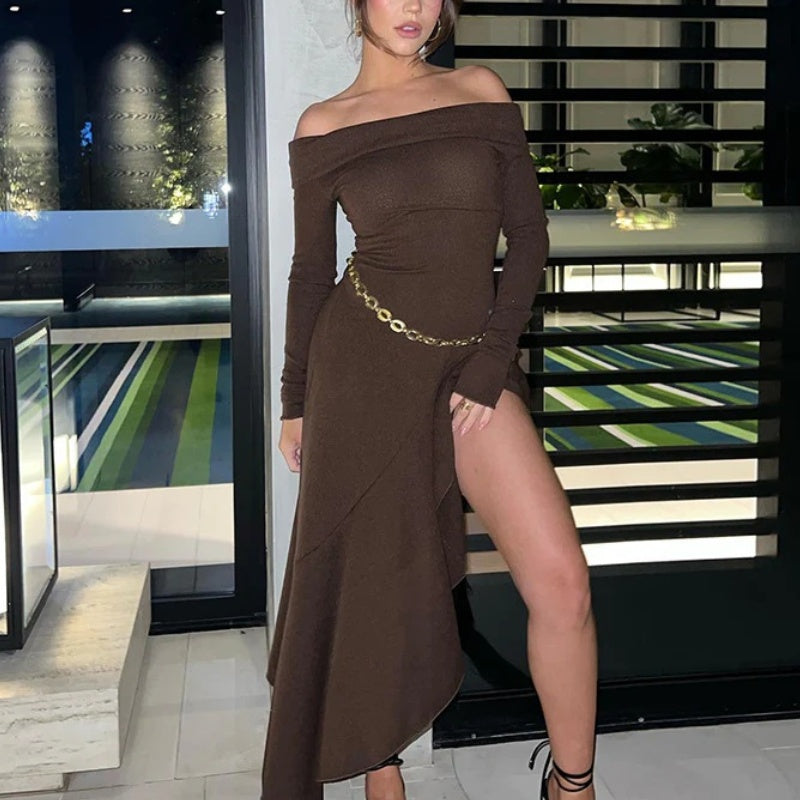 🔥Limited time offer, last day 52% off🔥Temperament Off Shoulder Long Sleeve Irregular Hem Stretch Maxi Dress