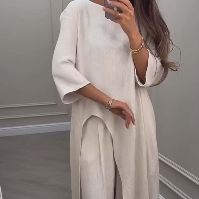 💖🔥Limited time offer, last day 55% off💕Solid Color Irregular Top & Wide-Leg Pants 2-PCS Set
