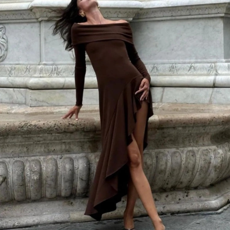 🔥Limited time offer, last day 52% off🔥Temperament Off Shoulder Long Sleeve Irregular Hem Stretch Maxi Dress