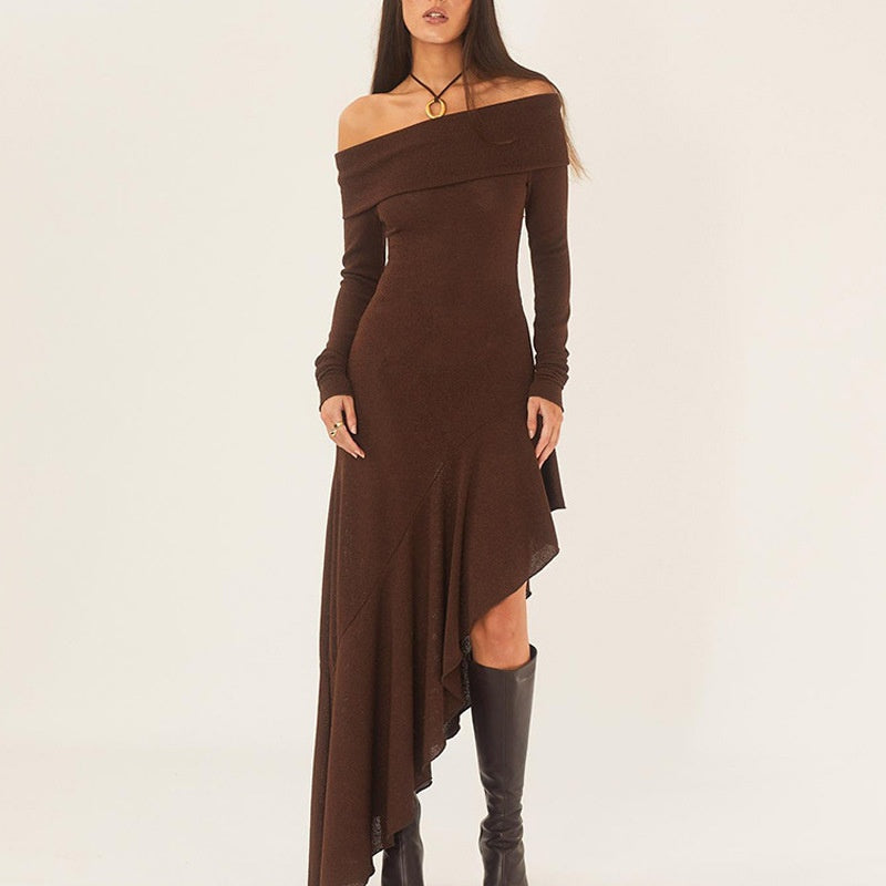 🔥Limited time offer, last day 52% off🔥Temperament Off Shoulder Long Sleeve Irregular Hem Stretch Maxi Dress