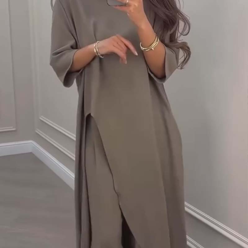💖🔥Limited time offer, last day 55% off💕Solid Color Irregular Top & Wide-Leg Pants 2-PCS Set