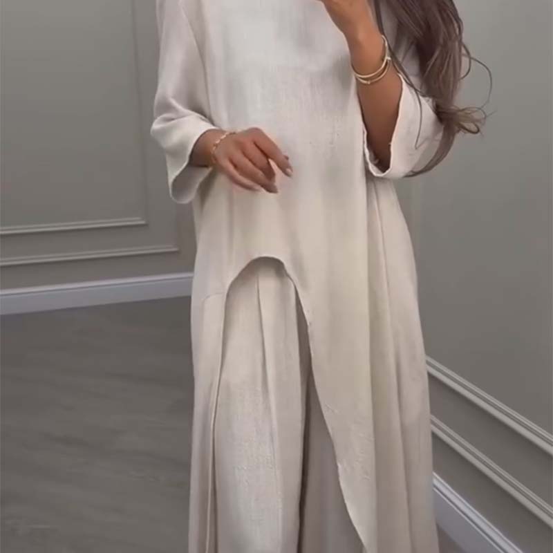 💖🔥Limited time offer, last day 55% off💕Solid Color Irregular Top & Wide-Leg Pants 2-PCS Set