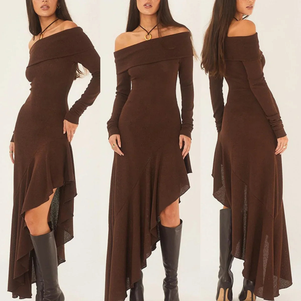 🔥Limited time offer, last day 52% off🔥Temperament Off Shoulder Long Sleeve Irregular Hem Stretch Maxi Dress