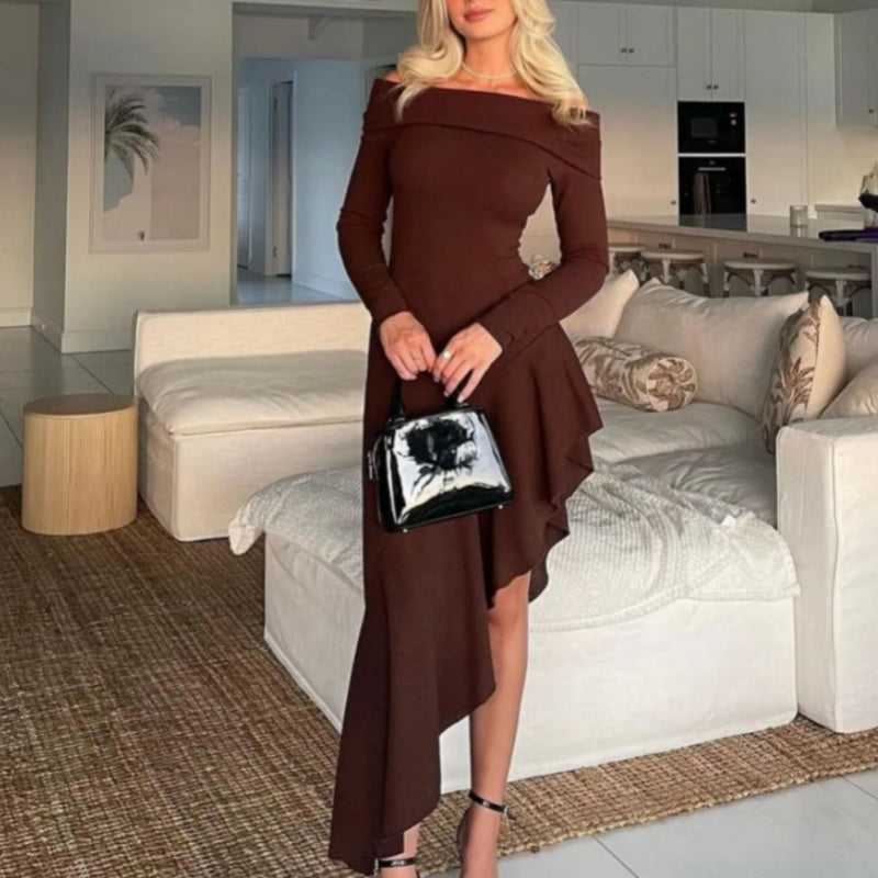 🔥Limited time offer, last day 52% off🔥Temperament Off Shoulder Long Sleeve Irregular Hem Stretch Maxi Dress