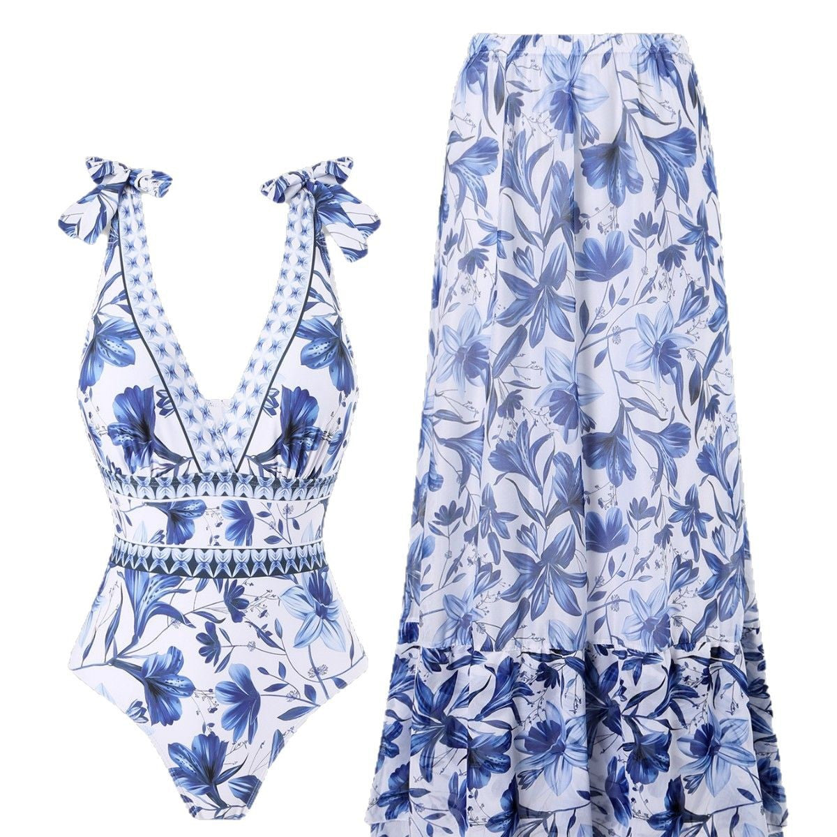 💖🔥Limited Time Hot Sale🌺blue and white porcelain swimsuit wrap skirt suits