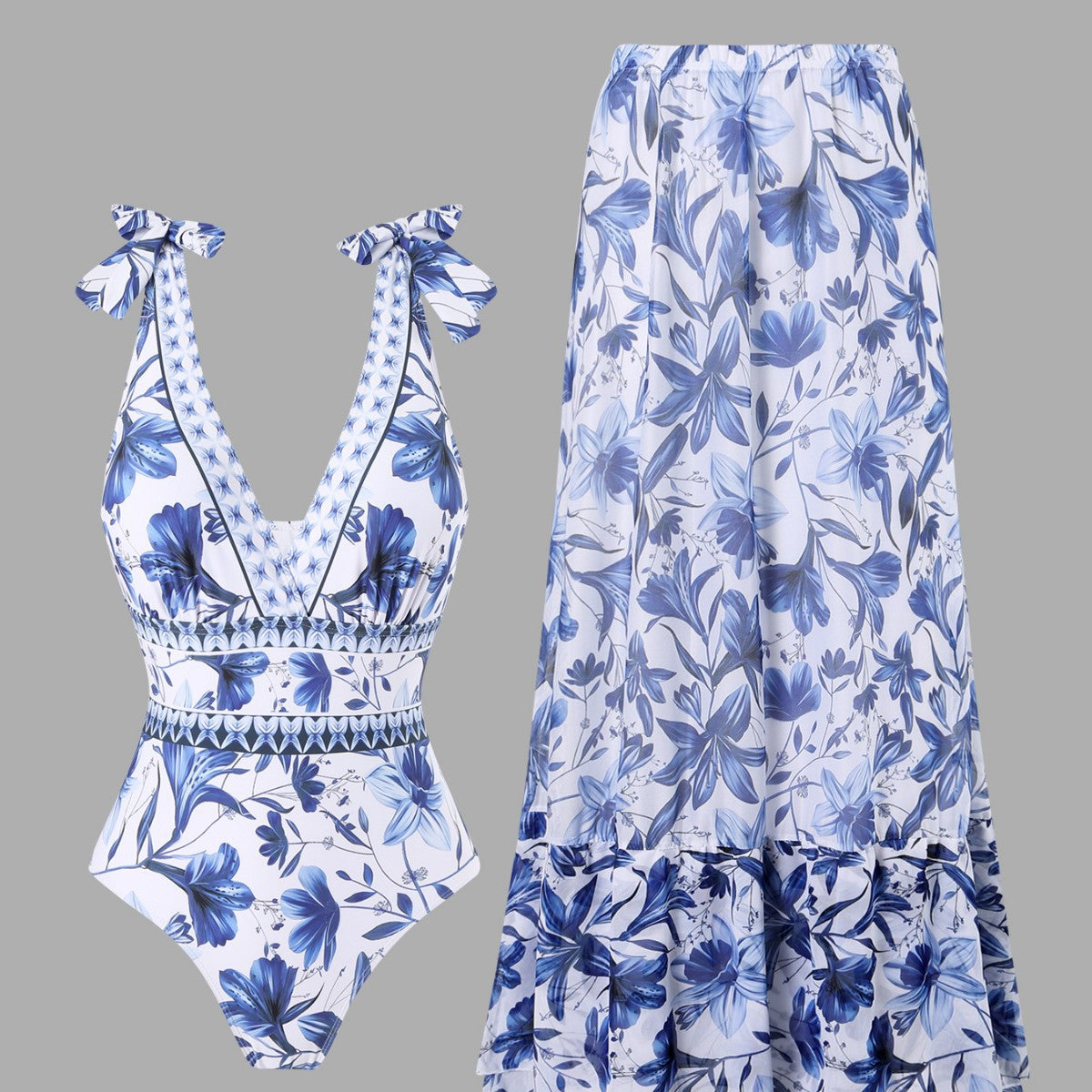 💖🔥Limited Time Hot Sale🌺blue and white porcelain swimsuit wrap skirt suits