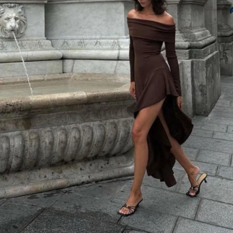 🔥Limited time offer, last day 52% off🔥Temperament Off Shoulder Long Sleeve Irregular Hem Stretch Maxi Dress