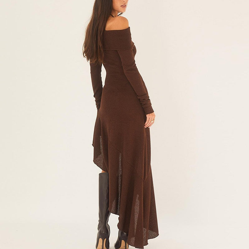 🔥Limited time offer, last day 52% off🔥Temperament Off Shoulder Long Sleeve Irregular Hem Stretch Maxi Dress