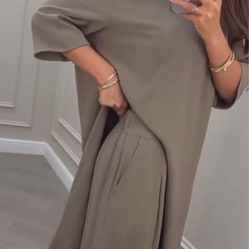 💖🔥Limited time offer, last day 55% off💕Solid Color Irregular Top & Wide-Leg Pants 2-PCS Set