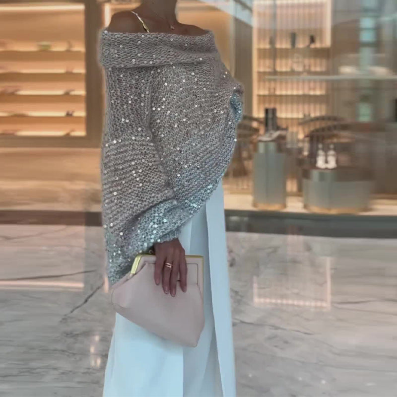 💥Special sale - Solid color sequined one-shoulder loose lazy sweater for women