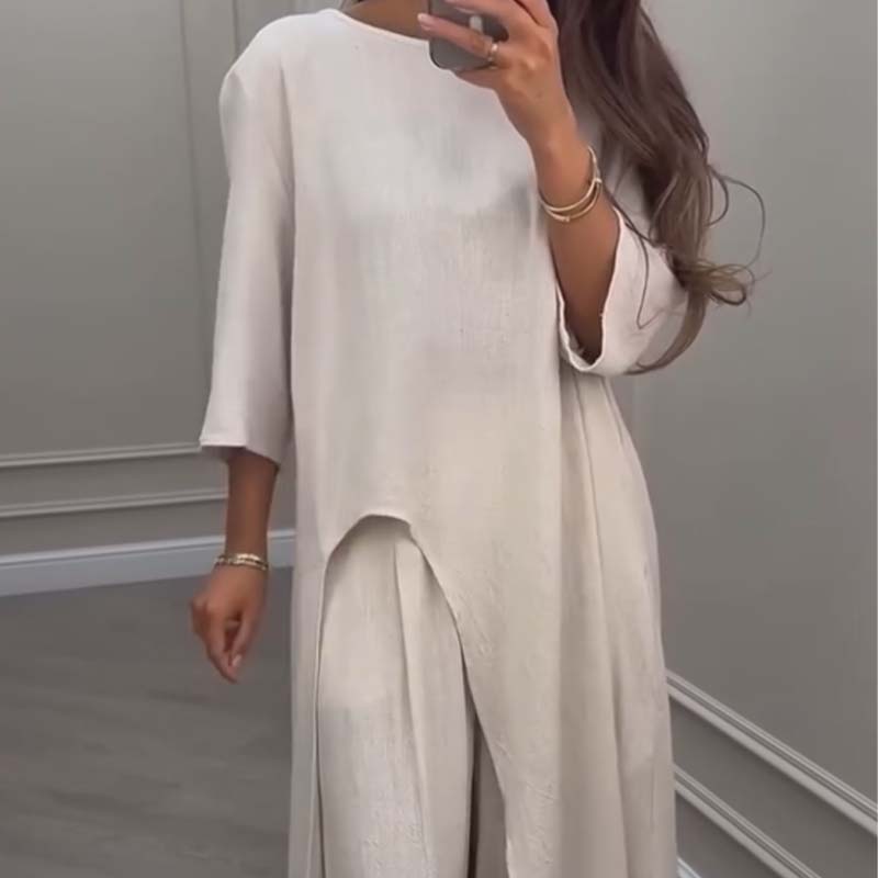 💖🔥Limited time offer, last day 55% off💕Solid Color Irregular Top & Wide-Leg Pants 2-PCS Set