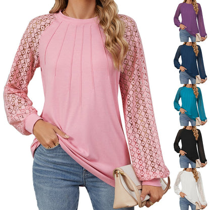 🔥LAST DAY 53% OFF🔥🔥Women Lace Patchwork Crew Neck Long Sleeve Loose T-shirt top