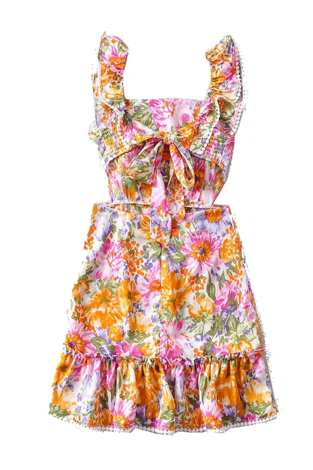 loveedsTM-Floral Ruffle Back Tie Mini Dress