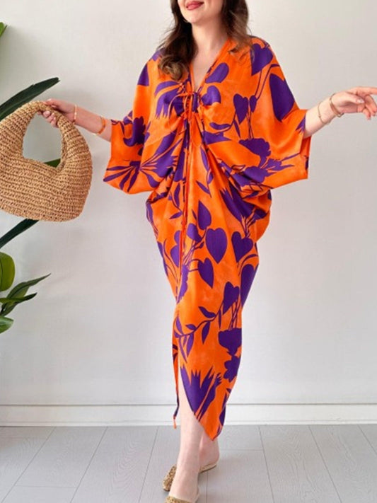 💖🔥Limited Time Hot Sale🌺Fashion Printed Bat Sleeve V-Neck Dress