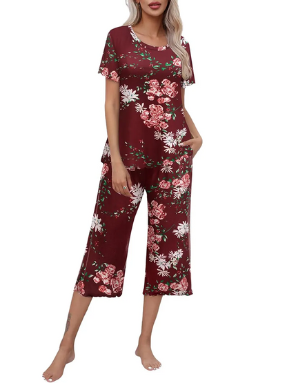 💖🔥Limited time offer, last day 57% off🌺Women's printed short-sleeved top with cropped pants casual pajama set