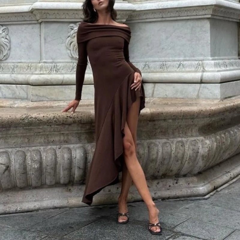 🔥Limited time offer, last day 52% off🔥Temperament Off Shoulder Long Sleeve Irregular Hem Stretch Maxi Dress