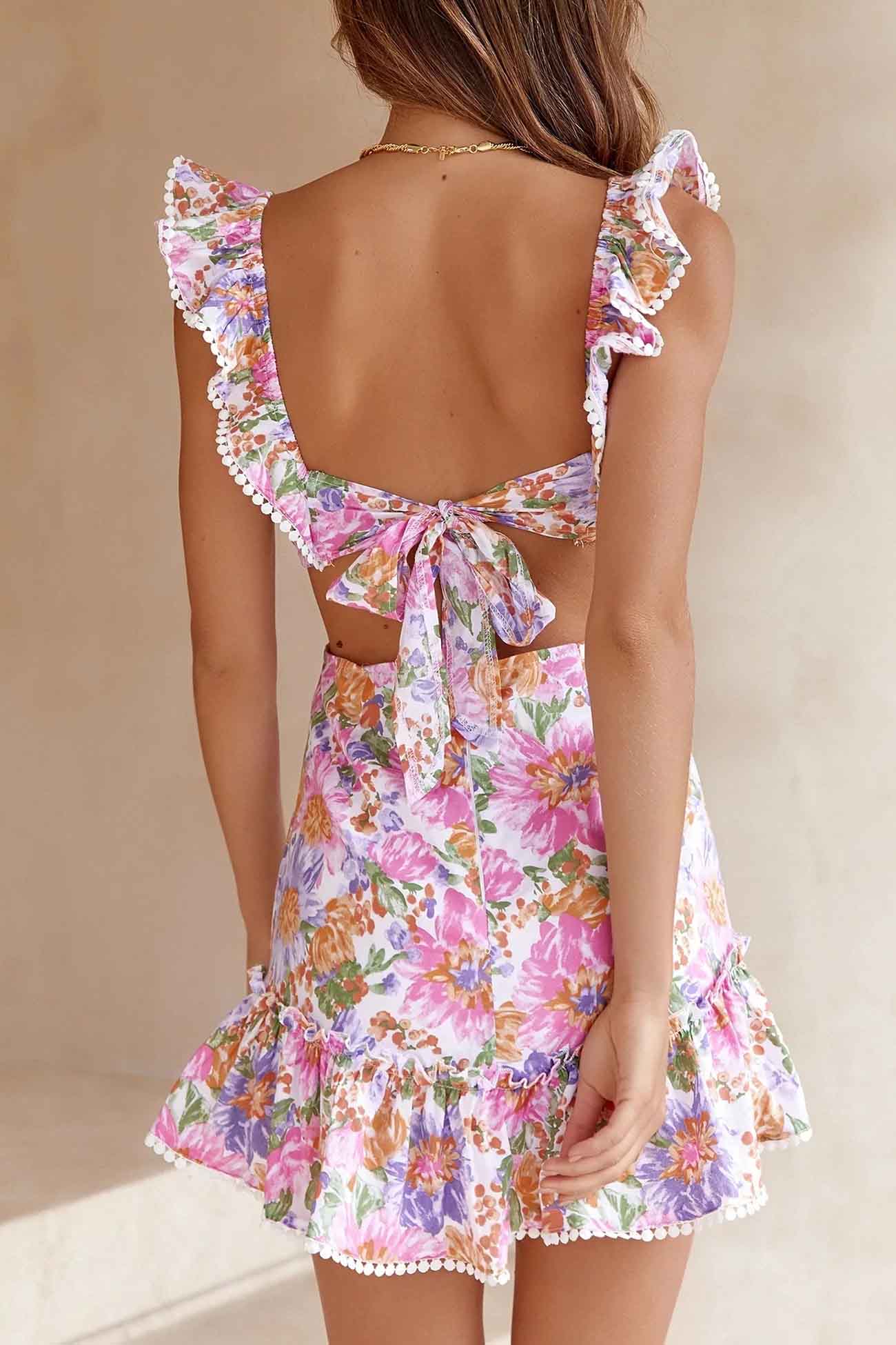 loveedsTM-Floral Ruffle Back Tie Mini Dress