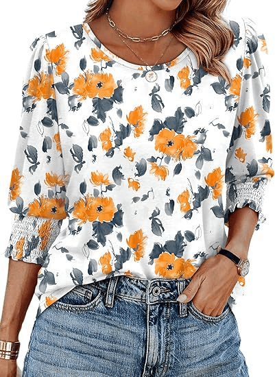 🌸Hot Sale-Women Dressy Casual 3/4 Length Sleeve Blouses with Smocked Cuffs