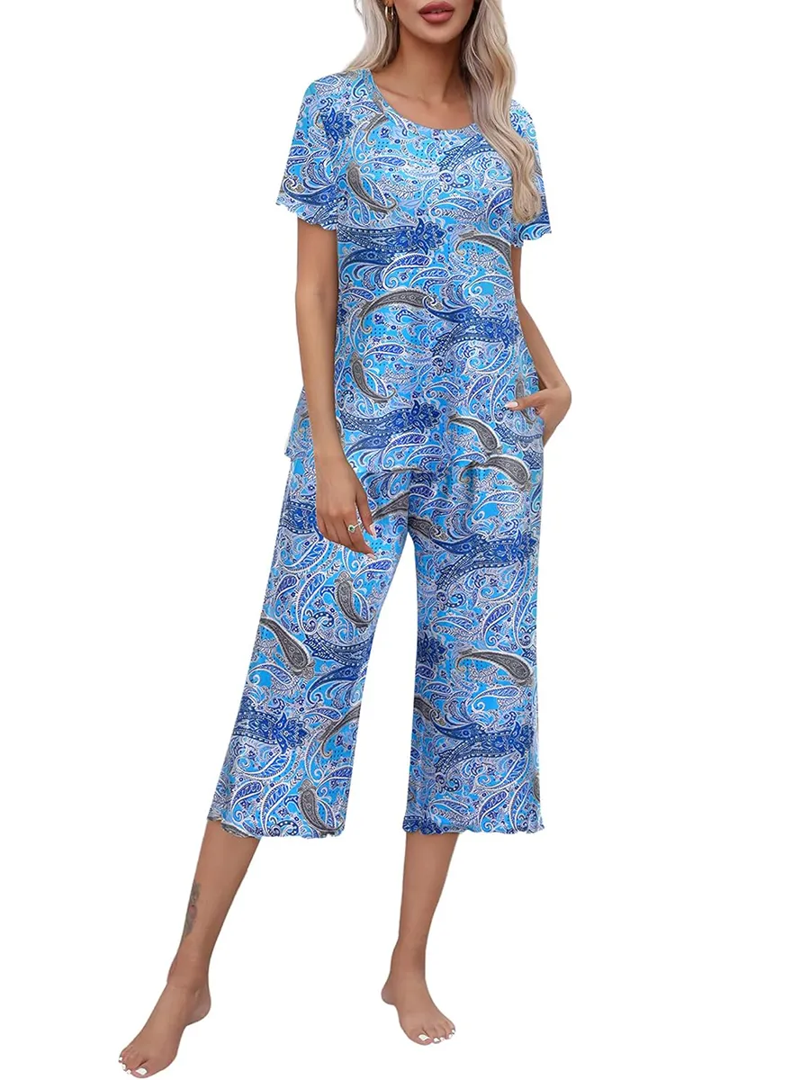💖🔥Limited time offer, last day 57% off🌺Women's printed short-sleeved top with cropped pants casual pajama set