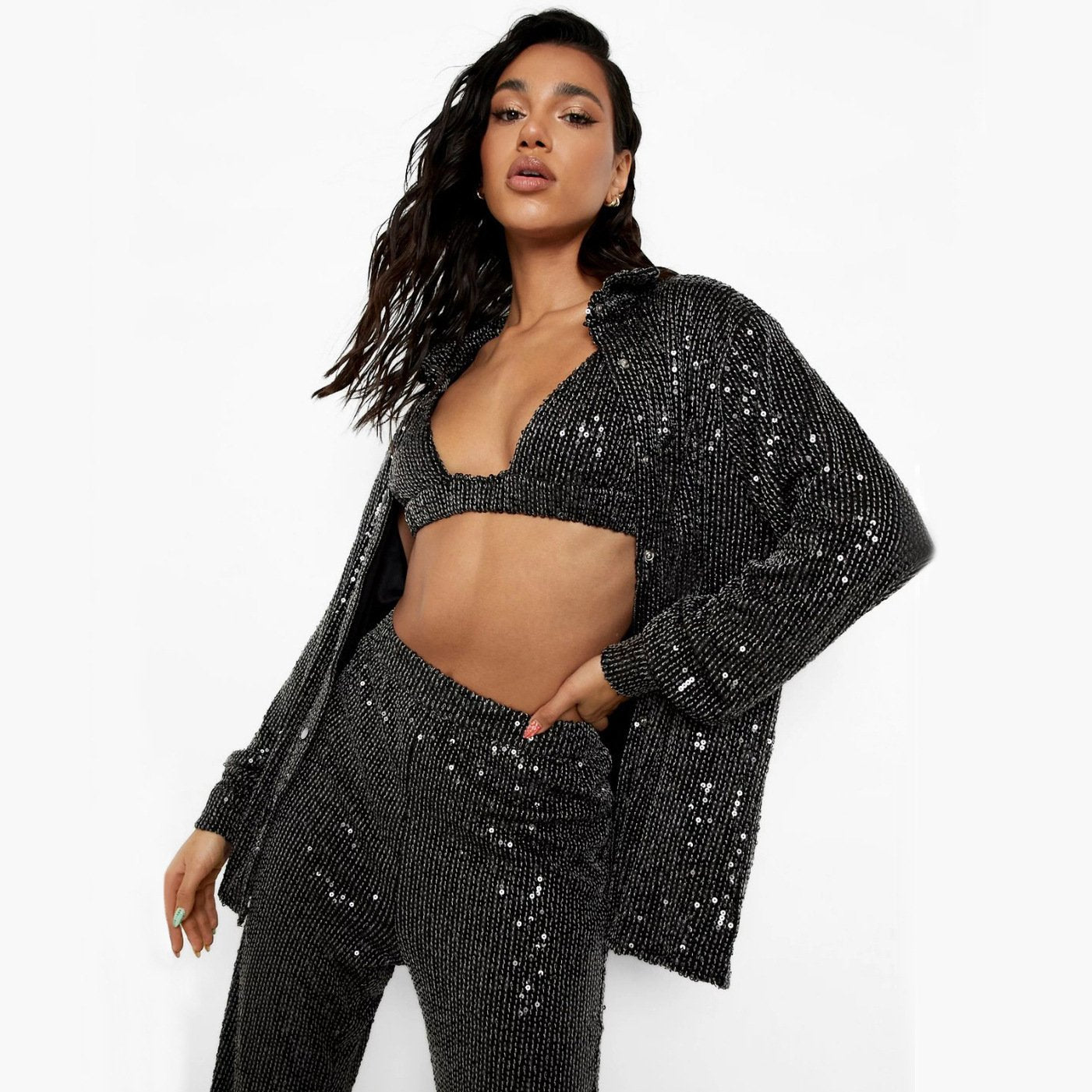 Sexy Sequin Lingerie Shirt + Pants 3-Piece Set