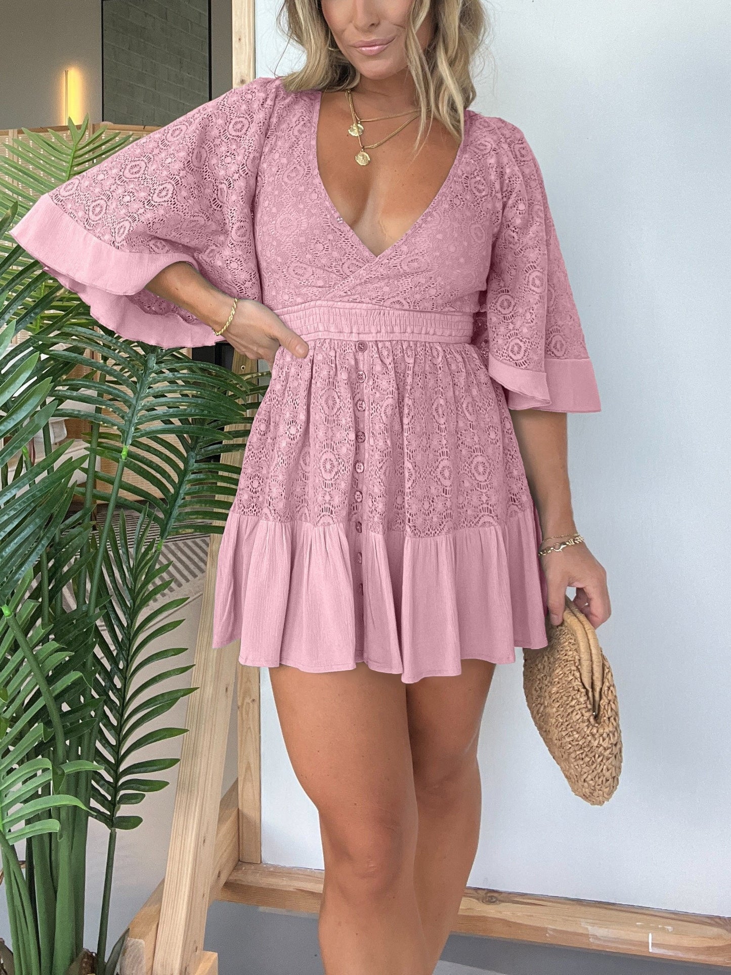 💕Open Back Lace Crochet Romper Dress-displays graceful figure