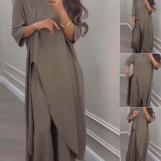💖🔥Limited time offer, last day 55% off💕Solid Color Irregular Top & Wide-Leg Pants 2-PCS Set