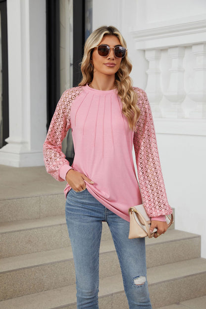 🔥LAST DAY 53% OFF🔥🔥Women Lace Patchwork Crew Neck Long Sleeve Loose T-shirt top