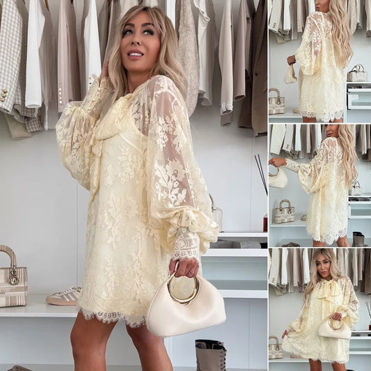 💖🔥Limited time offer, last day 56% off🔥Lace Mini Dress with Bow Tie Neck