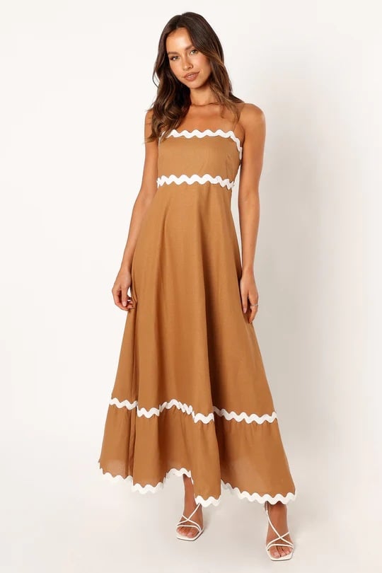 Spaghetti Straps Sleeveless Smocked Rickrack Trim Boho Flowy Loose A-Line Midi Dress