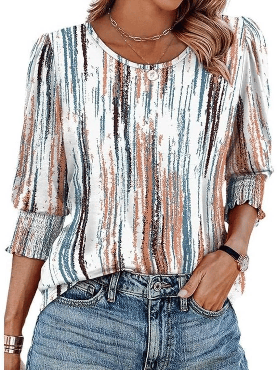 🌸Hot Sale-Women Dressy Casual 3/4 Length Sleeve Blouses with Smocked Cuffs