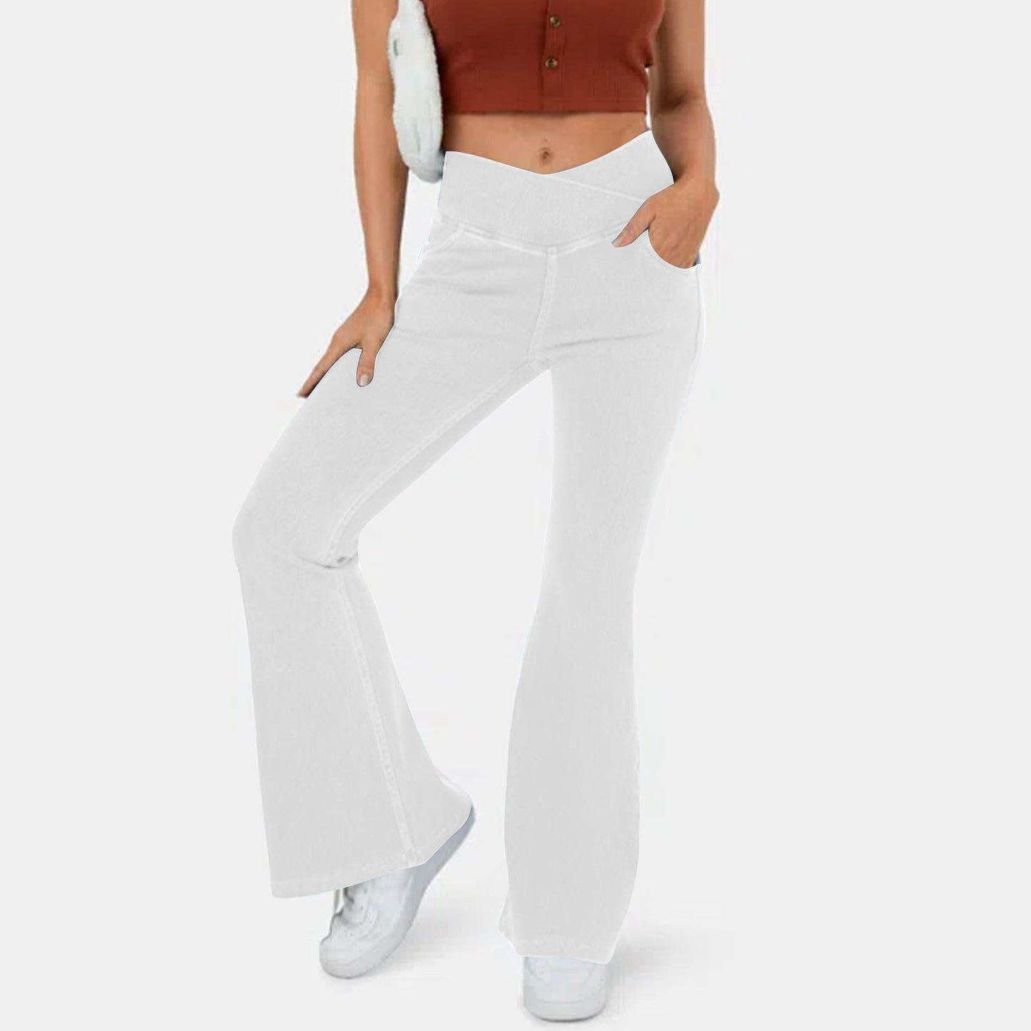 Stretchy Denim High Waisted Crossover Flare Pants (Buy 2 Free Shipping)