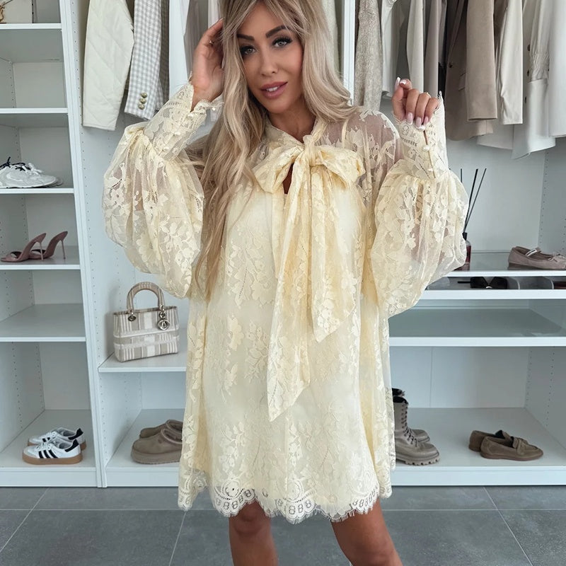 💖🔥Limited time offer, last day 56% off🔥Lace Mini Dress with Bow Tie Neck