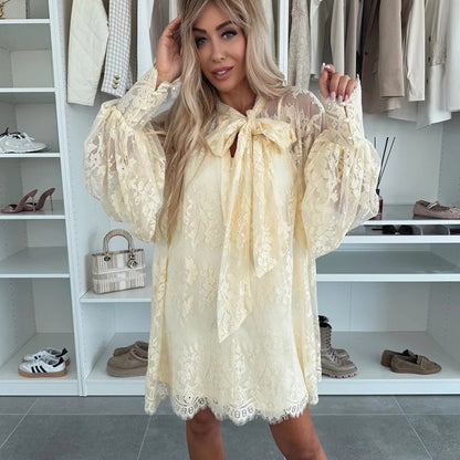 💖🔥Limited time offer, last day 56% off🔥Lace Mini Dress with Bow Tie Neck