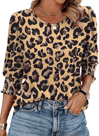 🌸Hot Sale-Women Dressy Casual 3/4 Length Sleeve Blouses with Smocked Cuffs