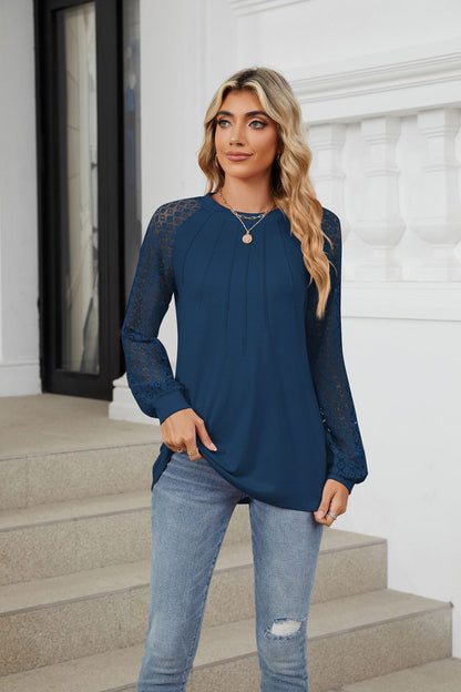 🔥LAST DAY 53% OFF🔥🔥Women Lace Patchwork Crew Neck Long Sleeve Loose T-shirt top