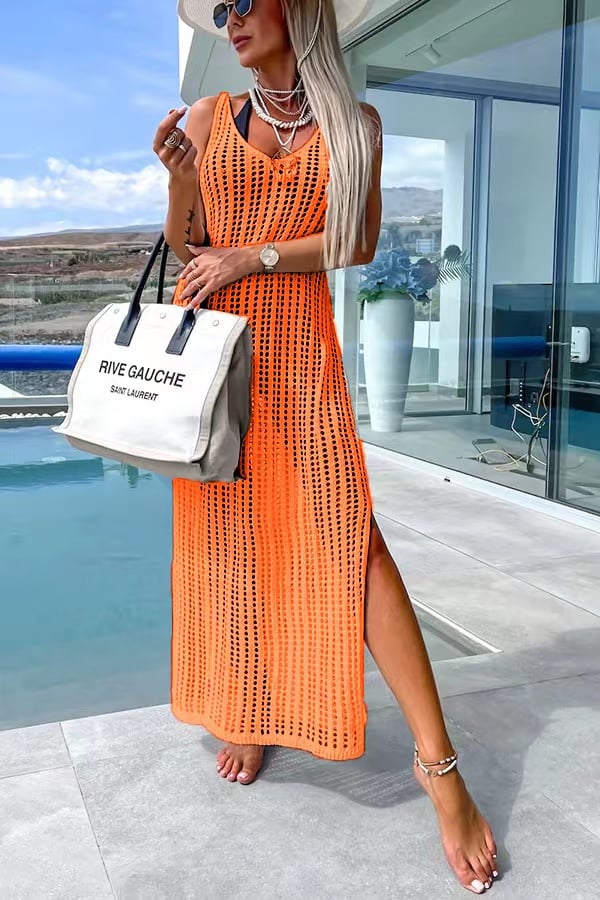 💖🔥Limited time offer, last day 56% off🔥Deserted Island Crochet Knit Cross Back Cover Up Maxi Dress