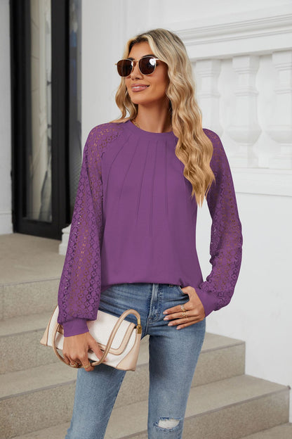 🔥LAST DAY 53% OFF🔥🔥Women Lace Patchwork Crew Neck Long Sleeve Loose T-shirt top