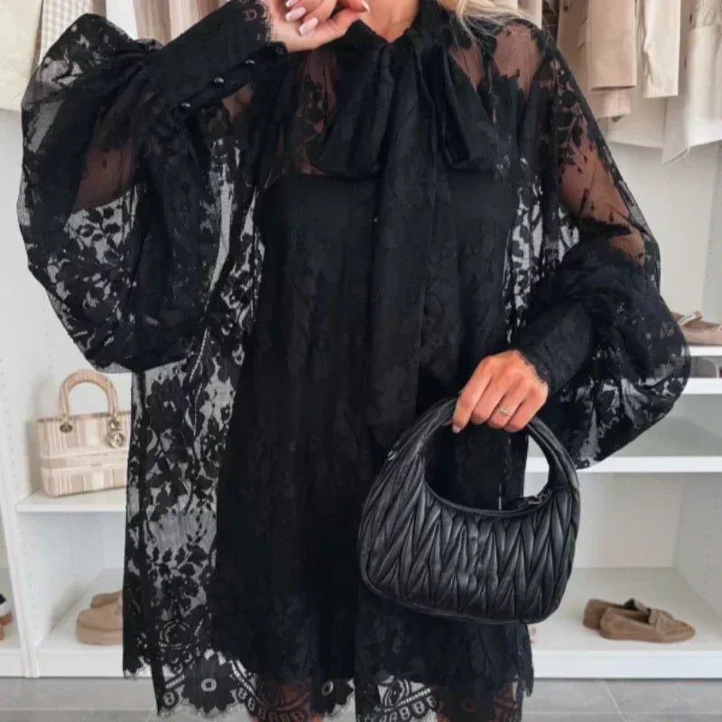 💖🔥Limited time offer, last day 56% off🔥Lace Mini Dress with Bow Tie Neck