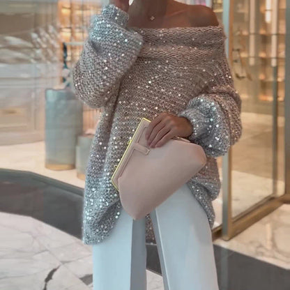💥Special sale - Solid color sequined one-shoulder loose lazy sweater for women