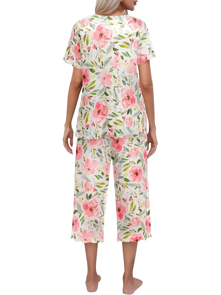 💖🔥Limited time offer, last day 57% off🌺Women's printed short-sleeved top with cropped pants casual pajama set