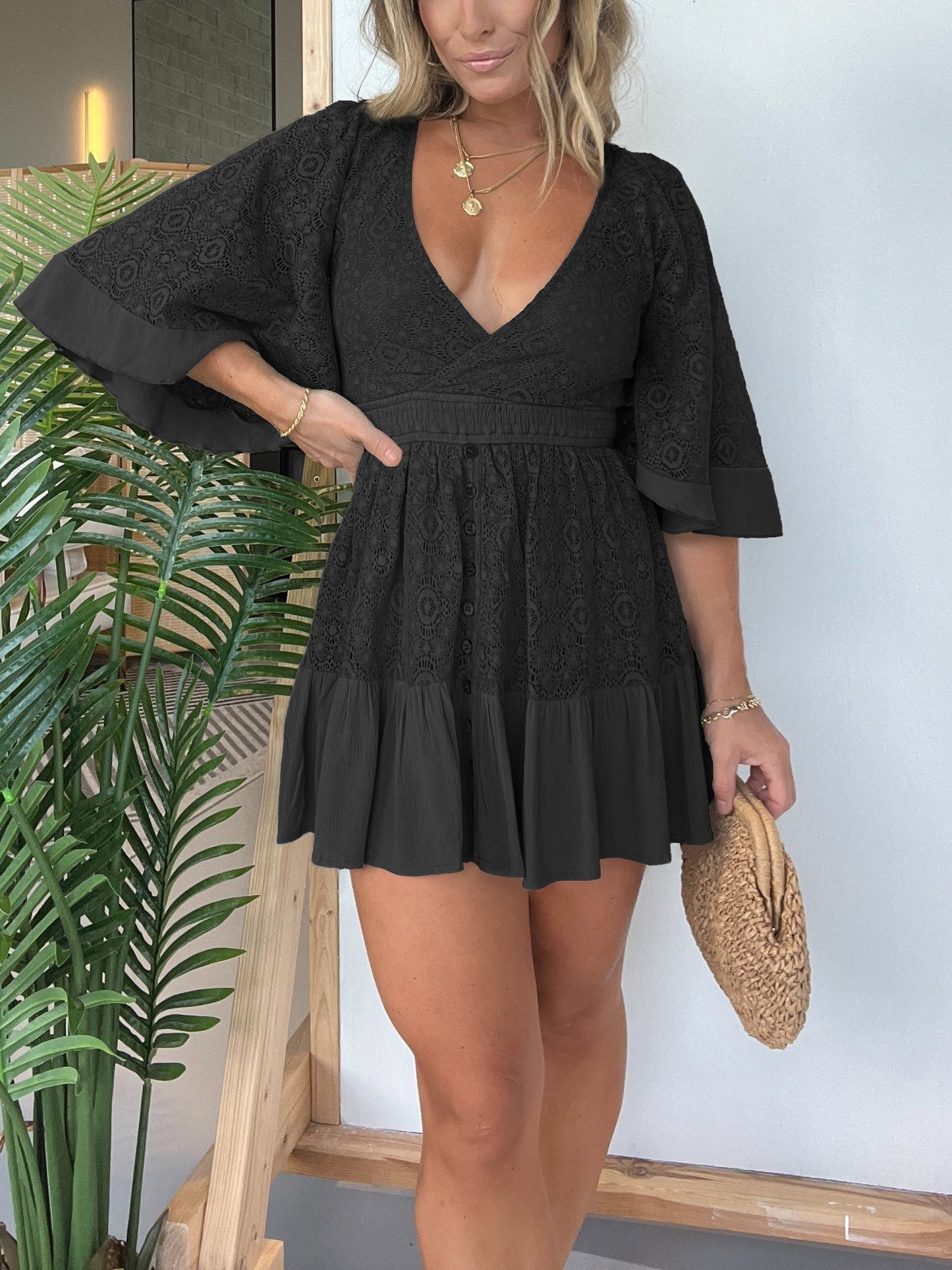 💕Open Back Lace Crochet Romper Dress-displays graceful figure