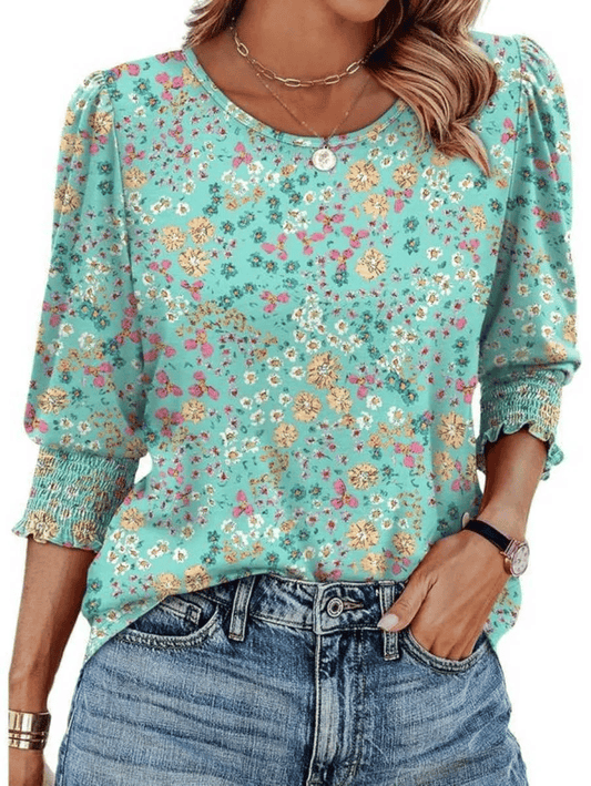 🌸Hot Sale-Women Dressy Casual 3/4 Length Sleeve Blouses with Smocked Cuffs