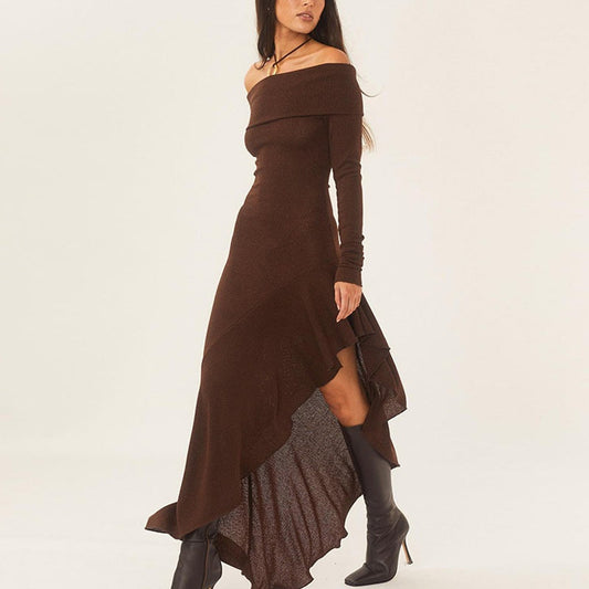 🔥Limited time offer, last day 52% off🔥Temperament Off Shoulder Long Sleeve Irregular Hem Stretch Maxi Dress