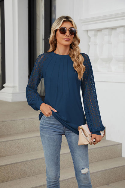 🔥LAST DAY 53% OFF🔥🔥Women Lace Patchwork Crew Neck Long Sleeve Loose T-shirt top