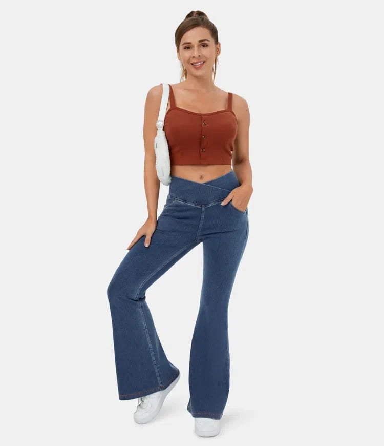 Stretchy Denim High Waisted Crossover Flare Pants (Buy 2 Free Shipping)