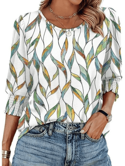 🌸Hot Sale-Women Dressy Casual 3/4 Length Sleeve Blouses with Smocked Cuffs