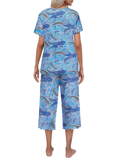 💖🔥Limited time offer, last day 57% off🌺Women's printed short-sleeved top with cropped pants casual pajama set